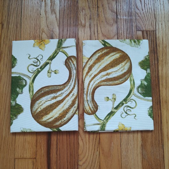 Williams Sonoma 2 Botanical Pumpkin and Gourd Print Towels Set Towel White Green